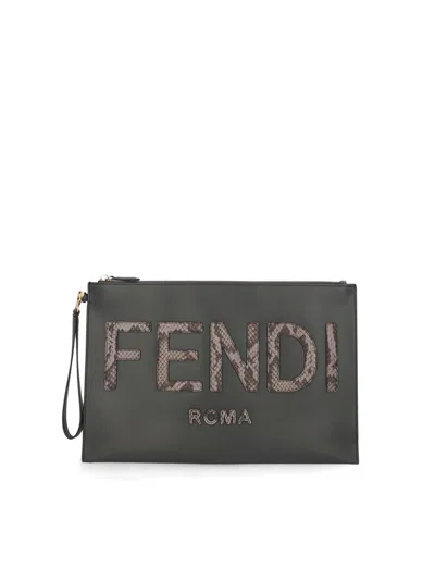 Fendi Logo Detailed Large Flat Pouch In Grey