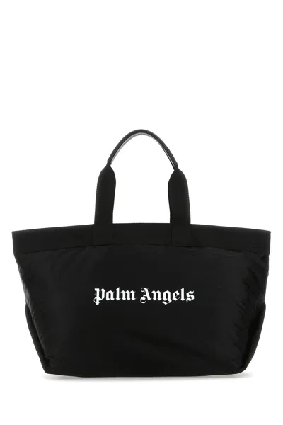 Palm Angels Black Fabric Shopping Bag In Nero/bianco