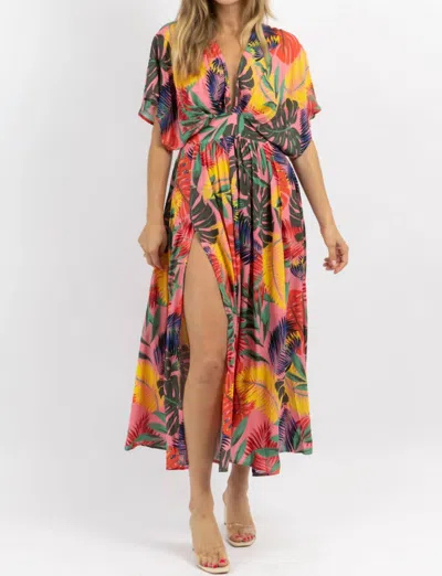 Olivaceous Tropics Side Slit Maxi Dress In Pink Multi