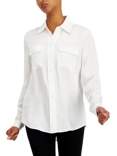 Alfani Womens Utility Collared Button-down Top In White