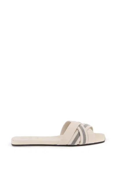 Brunello Cucinelli Leather Monili Flat Slide Sandals In Neutro