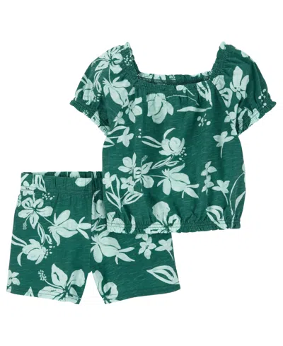 Carter's Babies' Toddler Girls Floral Cotton Top And Shorts, 2 Piece Set In Green