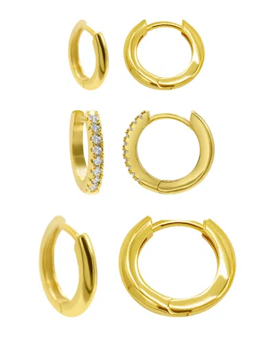 Adornia 14k Gold Plated 3-huggie Hoop Earrings Set With 1-crystal Hoop