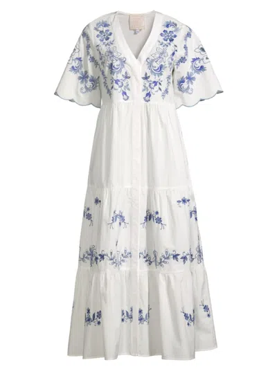 Johnny Was Alegra Floral-embroidered Poplin Midi Dress In White