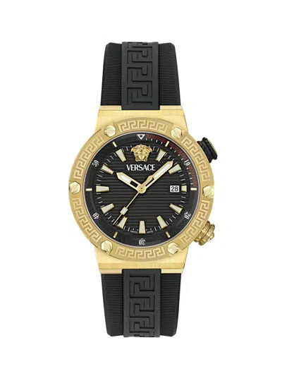 Versace Men's Greca Logo Ip Yellow Gold Polyurethane-strap Watch, 43mm In Black+gold