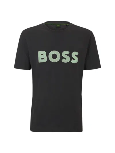 Hugo Boss Cotton-jersey Regular-fit T-shirt With Mesh Logo In Charcoal 016