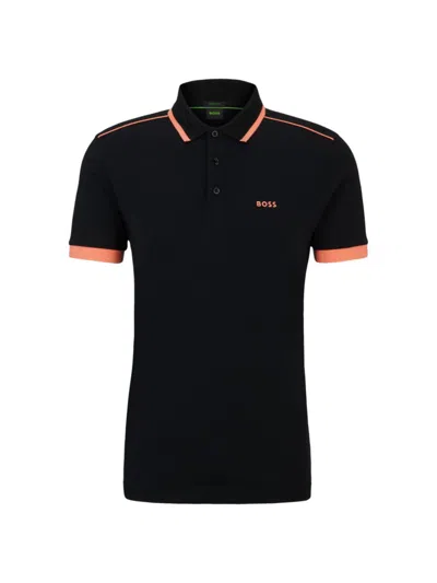 Hugo Boss Cotton-piqu Polo Shirt With Contrast Stripes And Logo In Black
