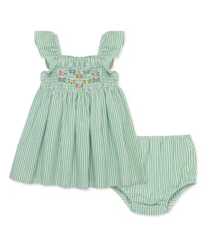 Little Me Babies' Stripe Embroidered Flutter Sleeve Sundress & Bloomers In Green