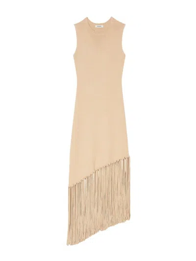 Sandro Fringed Knitted Midi Dress In Gold