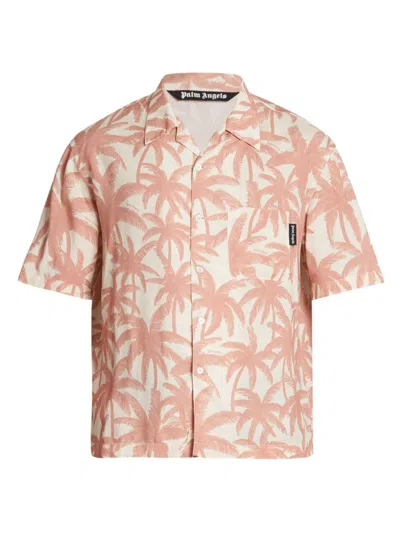 Palm Angels Palm Print Short Sleeve Button-up Camp Shirt In Black,off White