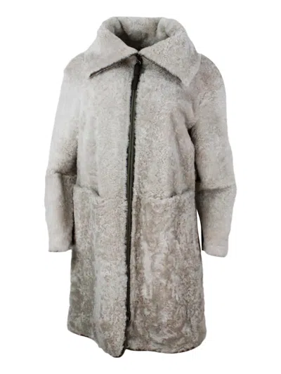 Brunello Cucinelli Long Coat In Precious And Refined Shearling Sheepskin With Zip Closure Embellished With Rows Of Bril In Beige