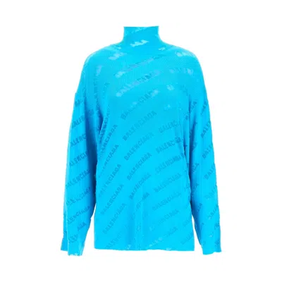 Balenciaga Logo Oversize Turtleneck Sweater In Blue
