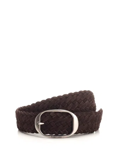 Tom Ford Woven Belt With Oval Buckle In Brown