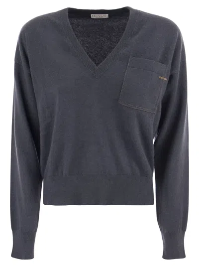 Brunello Cucinelli Cashmere Sweater With Pocket In Dark Blue