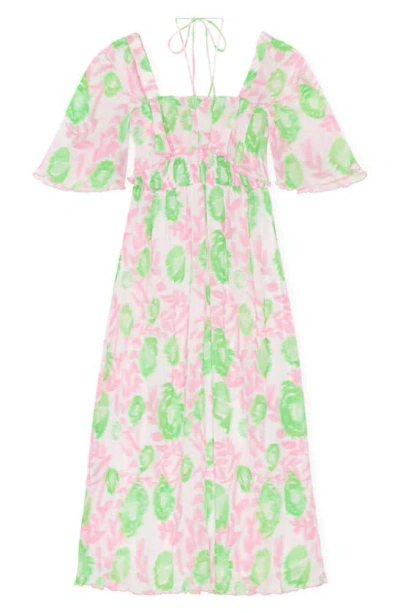 Ganni Shirred Printed Georgette Midi Dress In Pink Tulle