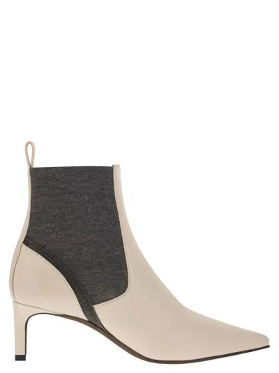 Brunello Cucinelli Leather Heeled Ankle Boots With Shiny Contour In Ivory/grey
