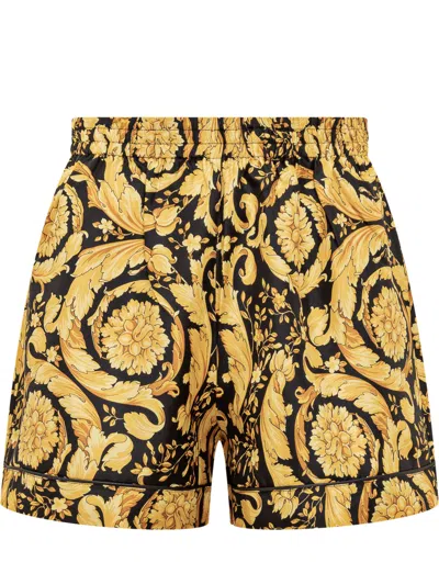 Versace Silk Pyjama Shorts In Nero Oro