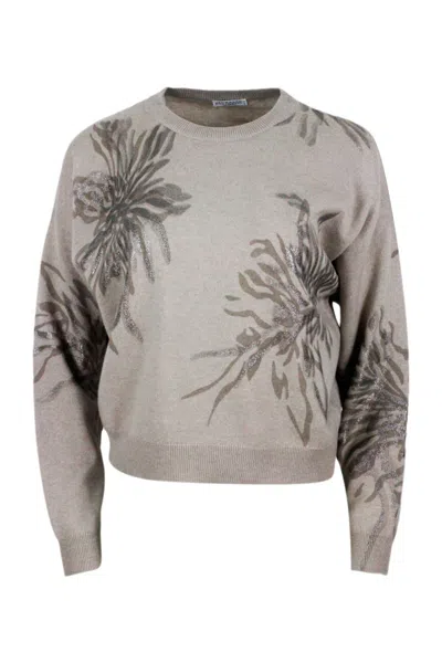 Brunello Cucinelli Long-sleeved Round-neck Wool, Silk And Cashmere Jumper With Flower Print Embellished With Lurex In Nut