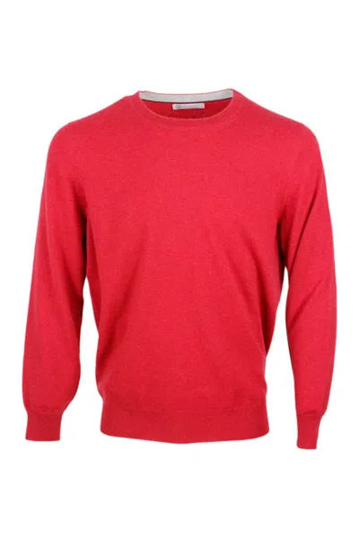 Brunello Cucinelli Long-sleeved Crew-neck Sweater In Fine 2-ply 100% Cashmere In Red Magenta