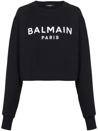 Balmain Logo Organic Cotton Cropped Sweatshirt In Black