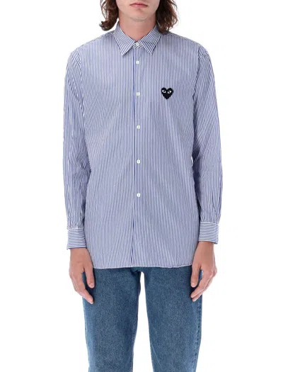 Comme Des Garçons Play Striped Shirt With Black Heart Patch In Blue