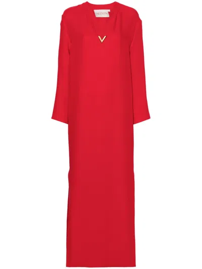 Valentino V-plaque Crepe Maxi Dress In Red