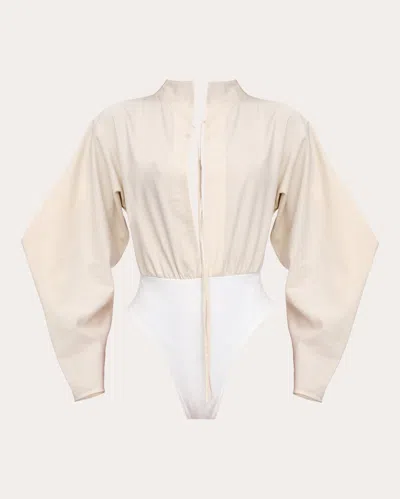 Andrea Iyamah Women's Lino Linen-blend Long-sleeve Bodysuit In White