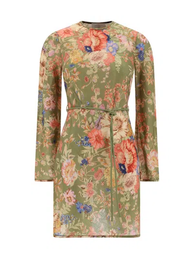 Zimmermann August Belted Floral-print Linen Mini Dress In Sage Floral