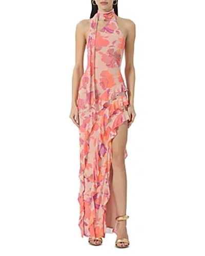 Afrm Desiree Asymmetric Ruffle Maxi Dress In Nude Marble