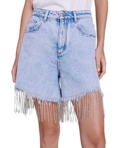 Maje Ioza Rhinestone Fringe Jeans Shorts In Light Blue