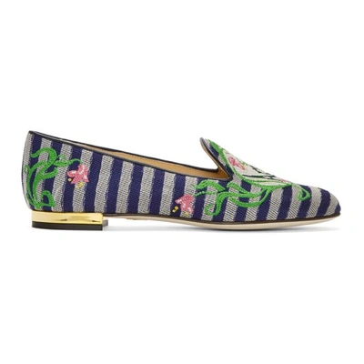 Charlotte Olympia Amour Embroidered Canvas Slippers In Stripe
