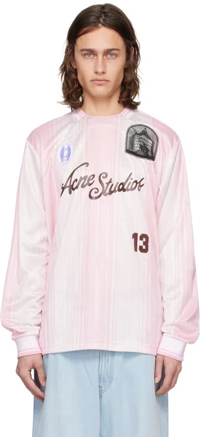 Acne Studios Appliquéd Logo-print Striped Mesh T-shirt In Pink