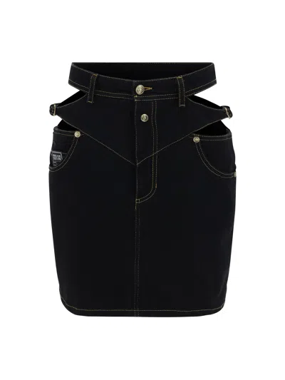 Versace Jeans Couture Baroque Buckle Denim Mini Skirt In Black Black