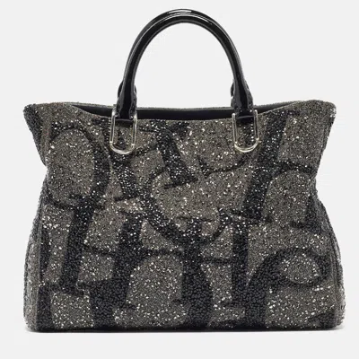 Pre-owned Carolina Herrera Grey/black Ch Crystals And Patent Leather Duchess Tote