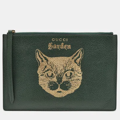 Pre-owned Gucci Green/gold Leather Garden Cat Zip Pouch