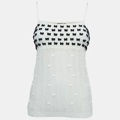 Pre-owned Chanel White Perforated Knit Bow Appliqued Sleeveless Top L