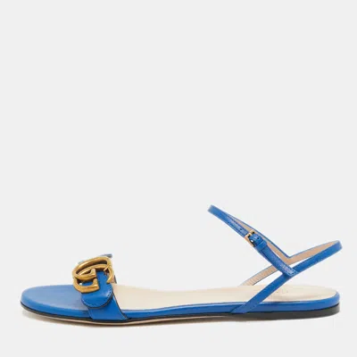 Pre-owned Gucci Blue Leather Gg Marmont Flat Slides Size 37