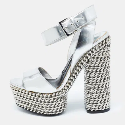 Pre-owned Tom Ford Sliver Leather Platform Ankle Strap Sandals Size 37 In Silver