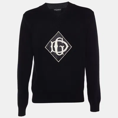 Pre-owned Dolce & Gabbana Black Wool Dg Appliqued V-neck Sweater L