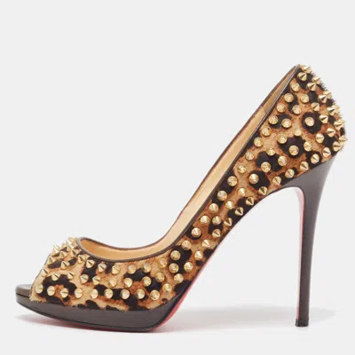 Pre-owned Christian Louboutin Brown Leopard Print Calfhair Yolanda Spike Pumps Size 40.5