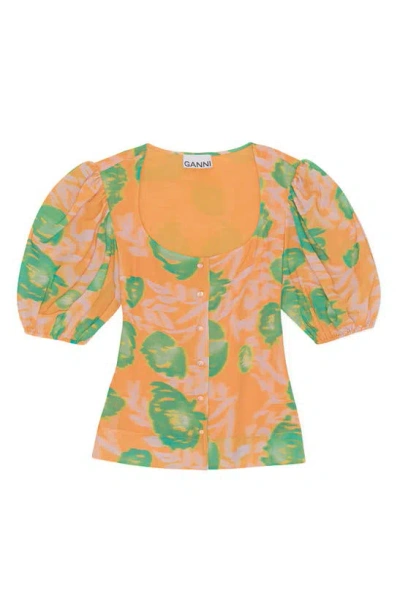 Ganni Floral-print Crepe Blouse In Vibrant Orange