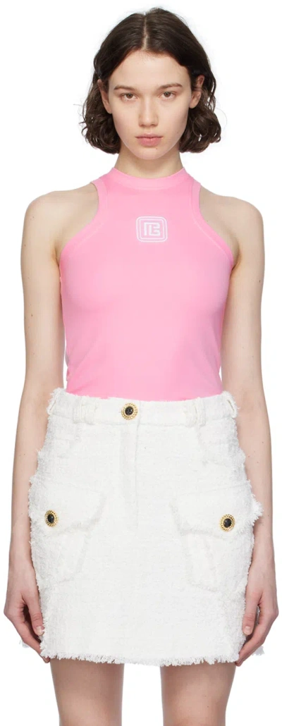 Balmain Pink Retro Pb Tank Top In Ogv Rose/blanc