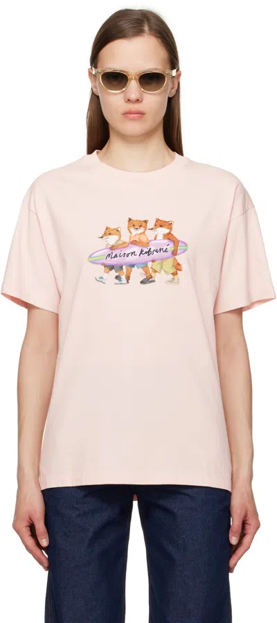 Maison Kitsuné Surfing Foxes-print Cotton T-shirt In Pink