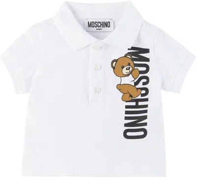 Moschino White Polo Shirt For Baby Boy With Teddy Bear And Logo In 10101 White