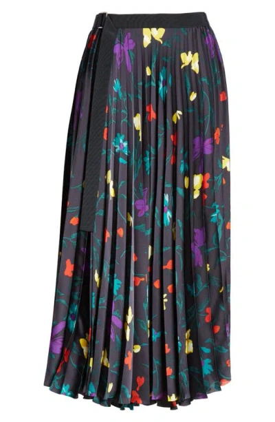 Sacai Pleated Floral-print Belted Midi Skirt In Navy