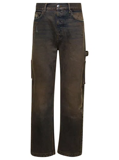 Amiri Brown Five-pocket Jeans With Faded Effect And Rips Details In Cotton Denim Man In Blu
