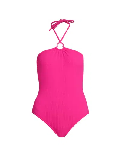 Moncler Ribbed Halter One-piece Swimsuit In Pink