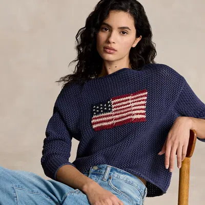 Polo Ralph Lauren Flag Pointelle Cotton-linen Sweater In Blue