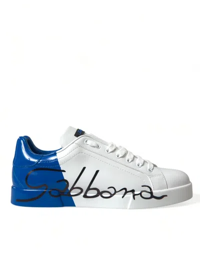 Dolce & Gabbana White Blue Leather Low Top Sneakers Shoes In Blue And White