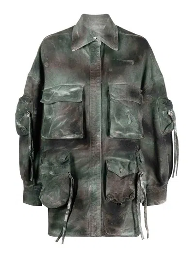 Attico The  Denim Stained Button Down Jacket In Green
